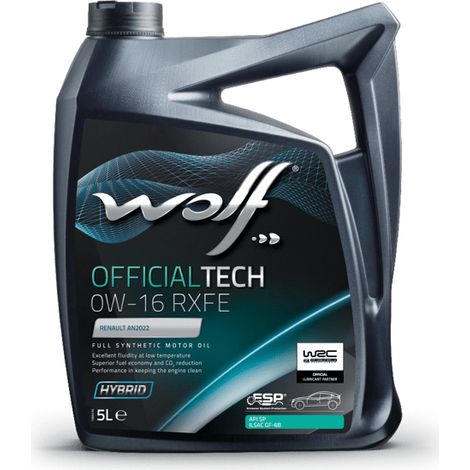 WOLF - Huile moteur OFFICIALTECH 0W-16 RXFE - Bidon de 5 litres - 1054006 - Ce produit de marque WOLF est neuf.