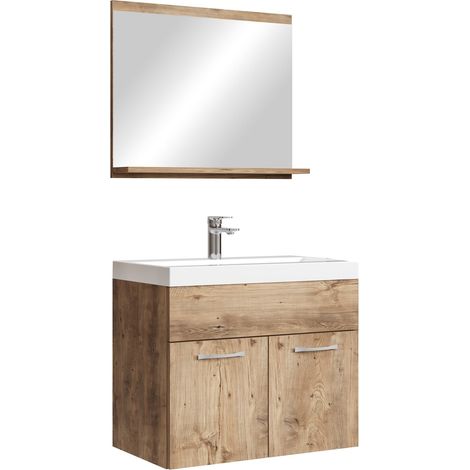 Badplaats – Meuble double vasque suspendu 60 cm – Chêne châtaignier – Vasque en résine blanche avec trop-plein – 2 portes battantes avec poignées grises (1/5)
