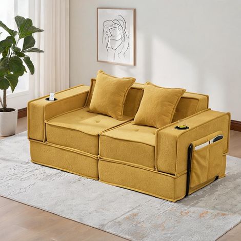 Sofa modulable 2 places en chenille jaune moutarde avec pouf (1/5)