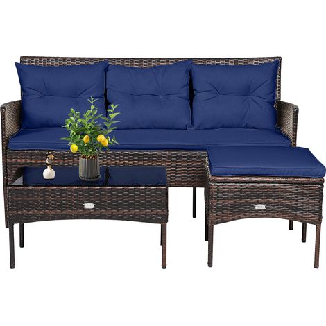 COSTWAY 3 PCS Patio Conversation Set, Outdoor PE Rattan Furniture Set Navy (1/5)