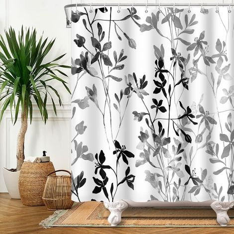 183x188cm Noir Blanc Fleur Rideau De Douche Encre Impression Plante Simple Rideau De Salle De Bain avec Crochet ImperméAble Baignoire Art Rideau DéCoratif Polyester (1/5)