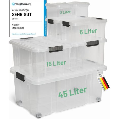 Novaliv Lot de 7 boîtes de rangement avec couvercles, transparentes, 1x45L + 2x 15L + 2x 5L + 2x 2L, emboîtables, empilables, fermeture à clip