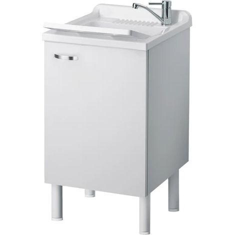 Lavabo blanco con mueble, lavabo de 60x50 cm en laminado hidrófugo con cuba de polipropileno y tiradores cromados – para interior – Negrari (1/5)