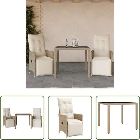 vidaXL Relaxsessel - 3-tlg. Garten-Bistro-Set mit Kissen Beige Poly Rattan (1/5)