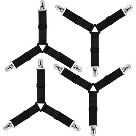 QORVA-Triangle Tendeur Drap Housse Réglable, Fixation Sangle de Maintien pour Literie, Drap Lit, Housse Repassage, Matelas, Canapé (Noir, Lot de 4)