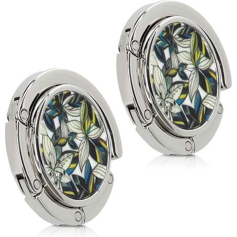 2x Handbag Hook (9x4.5cm) - Foldable Metal Bag Hook - Bag Holder for Table or Desk - Hanging Handbag and Small Objects - White Flowers Blue-Yellow-White
