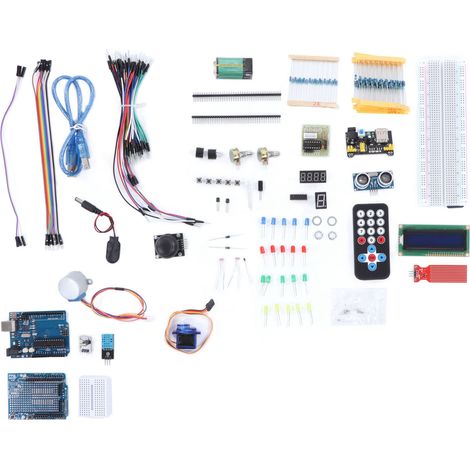 Kit de démarrage électronique complet : breadboard, module d'alimentation, LED, écran LCD, résistances et composants (1/5)