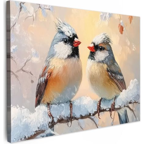 TABLEAU SUR TOILE Oiseaux - Branche - Hiver - Neige Décoration Murale 40x30 cm