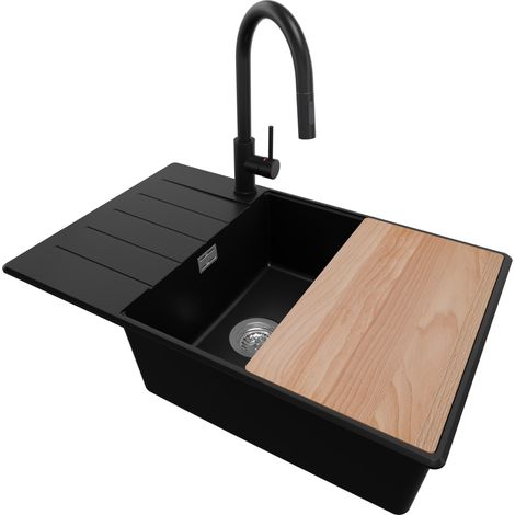 PRIMAGRAN Evier Cuisine en Granit 78x50cm, Lavabo 1 bac + Robinet 40x20cm + Kit de Vidage + Accessoire, Évier à Encastrer au meuble 60cm - Copenhague, Noir (1/5)