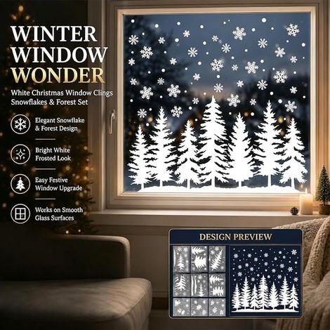 Stickers Sapin de Noël, Autocollants Électrostatiques Blancs Réutilisables, Décoration de Noël pour Fenêtres, Portes, Vitres ou Miroirs, Déco Intérieure et Vitrine Commerces Hiver (1/4)