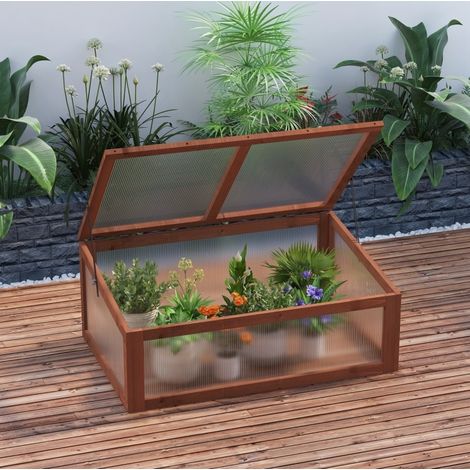 Mini serre de jardin en bois et polycarbonate 100 x 65 x 40 cm, marron, OKWISH (1/5)