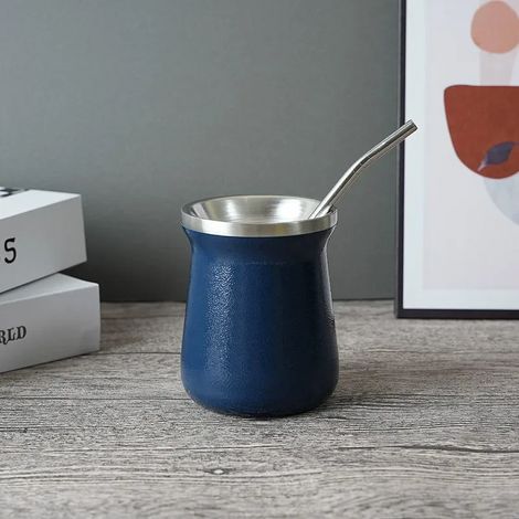 Tasse à maté (240 ml, bleue), à double paroi isolante sous vide, avec paille intégrée, en acier inoxydable 304 (1/3)