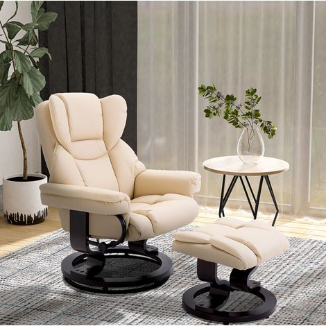 Poltrona relax girevole con pouf, reclinabile 145°, ecopelle crema DESVIAE (1/5)