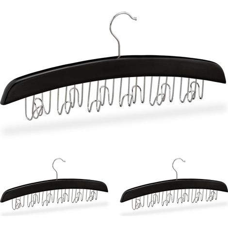 3x Wardrobe Belt Holder, Hook for 12 belts, 360° Rotatable Hook, Wood, 17.5x43x5.5 cm, Black/Silver