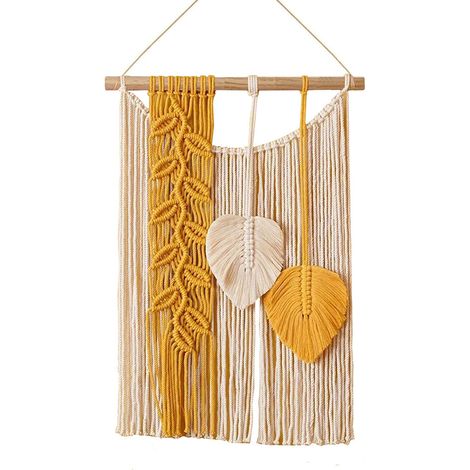 Tapisserie murale en macramé à motif de feuilles, style bohème chic, faite main, pour salon ou décoration de mariage (Jaune) (1/5)