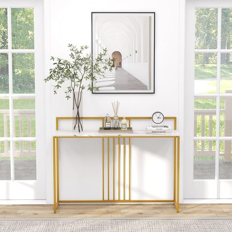COSTWAY Tavolo Consolle 120 cm, Tavolo d’Ingresso con Piano Effetto Marmorino e Sponda, Consolle con Struttura in Metallo Dorato per Salotto, Corridoio e Ingresso (Bianco) (1/5)