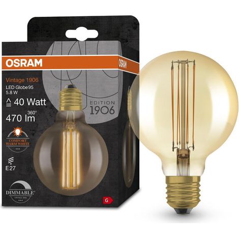 OSRAM Vintage 1906 LED-Lampe mit Gold-Tönung, 5,8W, 470lm, Kugel-Form mit 95mm Durchmesser & E27-Sockel, warmweiße Lichtfarbe, gerades Filament, dimmbar, bis zu 15.000 Stunden Lebensdauer (1/4)