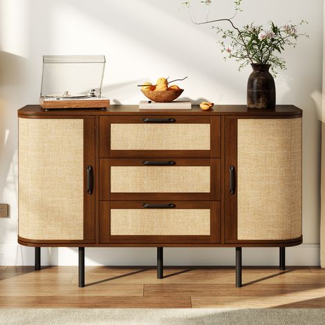 Sideboard (120x40x82 cm), mit abgerundeten Kanten, 2 Schwenktüren, 3 Schubladen, MDF, Walnuss (1/5)
