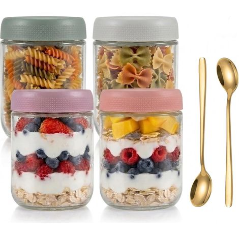 Oats Lot de 4 bocaux en verre de 500 ml – Bocaux anti-fuite avec couvercle à visser et anneau en silicone – comme conteneur à emporter, yaourt à emporter, pots de conservation pour (1/5)