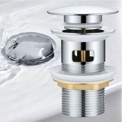 Bonde Lavabo pour Vasque avec Trop Plein, Vidage Clapet Poussoir Pour Lavabo en Laiton, Chromé.- (1/4)