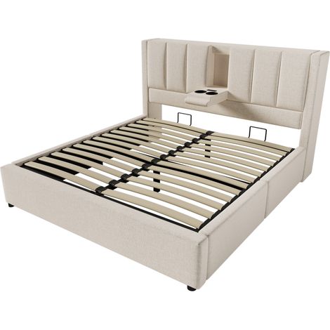 Letto matrimoniale imbottito 160x200 cm beige con materasso, contenitore e porte USB-C/USB (1/5)