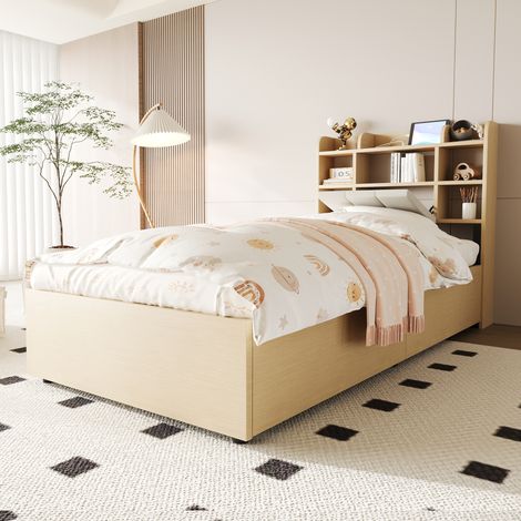 Lit en bois 90 x 200 cm, lit hydraulique, tête de lit avec rangement, équipé d'une prise USB et Type-C, lit simple, lit jeunesse, couleur bois (sans matelas) (1/5)