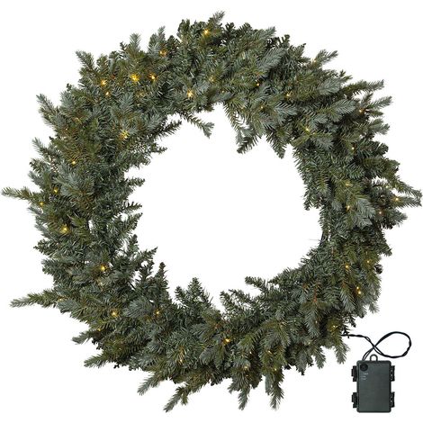 Star Trading Couronne de Noël artificielle LED Greyland, vert, minuterie, extérieur, blanc chaud, batterie, 100cm