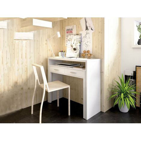 Dmora - Escritorio Dghelle, Escritorio multiposición con tapa extraíble, Consola de estudio Lineal con 2 cajones, 99x70h88 cm, Blanco (1/5)
