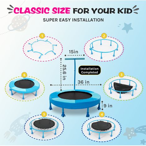 Trampoline pour enfants 91 cm bleu avec barre de maintien, 7 pieds, acier OKMYHOME