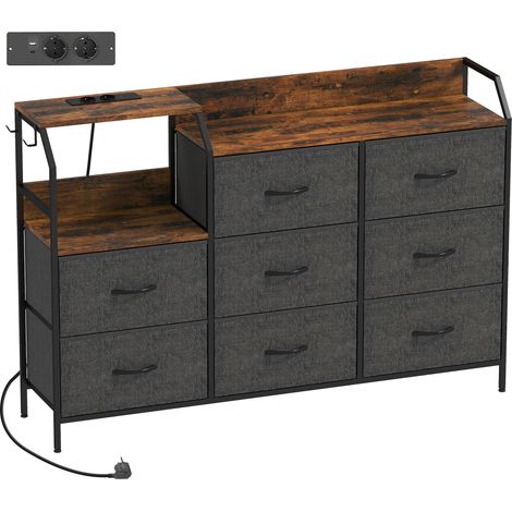 Commode de rangement avec station de charge USB, 8 tiroirs en textile, étagère ouverte, 130,5x30x88cm, marron (1/5)