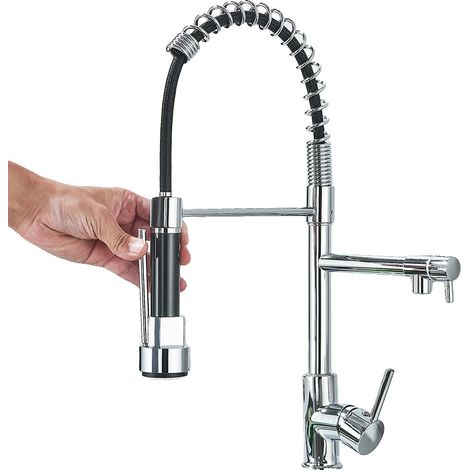 Grifo de cocina con rociador extraíble, caño giratorio de 360°, cromado (Reino Unido). (1/2)