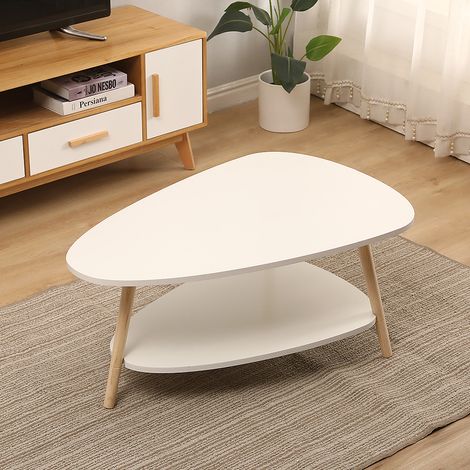 TABLE BASSE OVALE 2 COUCHES BLANC STYLE NORDIQUE PIEDS EN BOIS 906040CM (1/5)