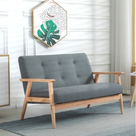 Canapé 2 places 115x66.5x73 cm gris foncé en lin avec structure en bois style scandinave (1/5)