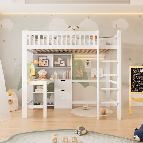 Lit mezzanine 90x200 cm avec bureau, rangements et 3 tiroirs, blanc, sans matelas (1/5)