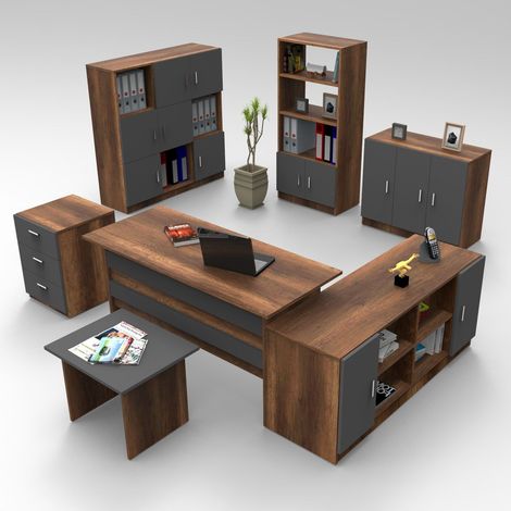 Ensemble de bureau 7 pièces Busymo Bois foncé et Anthracite (1/5)