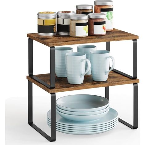 Étagère à Épices, Lot de 2, Organisateur de Placard, Étagère de Rangement de Cuisine Extensible, Porte-épices Empilable, en Métal et Bois d’Ingénierie, Noir et Marron Rustique (1/5)