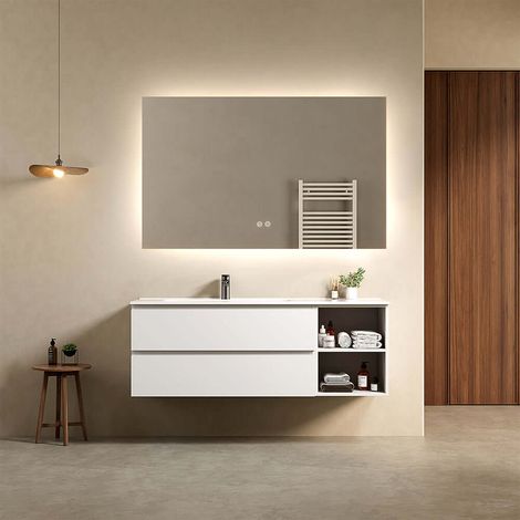 Mobile bagno sospeso 140 cm Bianco Lavabo a Sinistra in Resina Specchio Quadro Retroilluminato - Fiji Paint Plus (1/4)