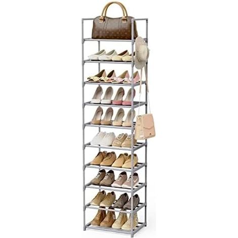 Étagère Chaussure à 10 Niveaux, Range Chaussures Gain de Place, Meuble Chaussures Haut en Métal, Porte Chaussure Etroit Avoir Crochet pour Entrée, Salon (1/5)