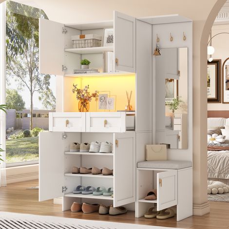 Meuble d'entrée 120x33,5x180 cm avec porte-manteau mural, banc à chaussures et meuble à chaussures, 3 crochets, 5 portes, 2 tiroirs, miroir intégré, mobilier de couloir blanc