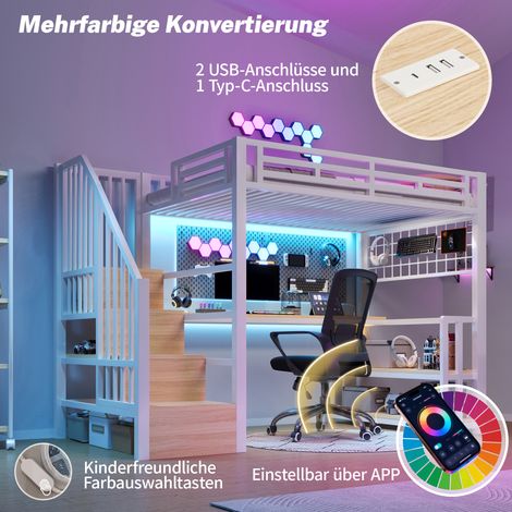 Lit surélevé 90x200, cadre métallique, rangements intégrés, penderie, éclairage LED, bureau, échelle avec tiroirs, 2 prises USB + USB-C, sans matelas, blanc (1/5)