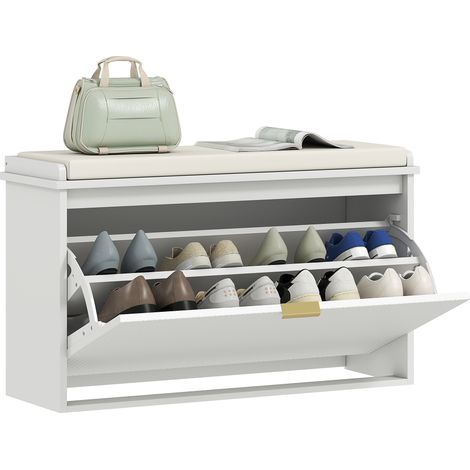 Beyamis Zapatero Bank mit gepolstertem Sitz, klappbarer Schublade und verstellbarem Einlegeboden für Eingangsbereich oder Schlafzimmer, 80 x 26 x 47,5 cm, Weiß