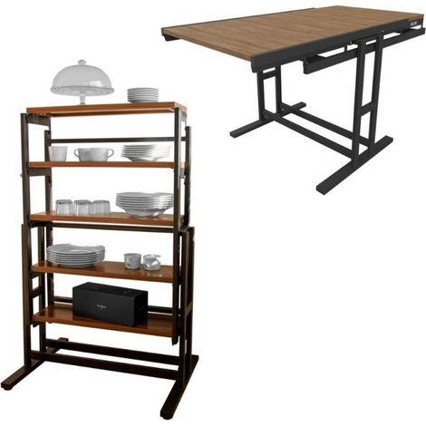 Table extensible modulable 120x78x77,5 cm – Double fonction table/étagère – 5 étagères de rangement – Style industriel – Blumie (1/5)