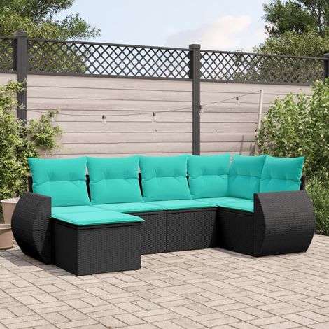 Salon de jardin modulable 6 pièces en résine tressée noire et coussins bleus d'extérieur - PANGIVO (1/5)