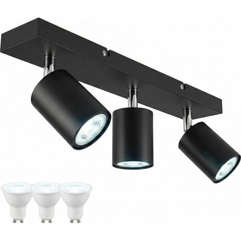 Plafonnier LED 3 Spots Noir avec 3 Ampoules GU10 6000K Blanc Froid Luminaire Base Rectangulaire Orientable Spot Plafond pour Bureau Atelier et Vitrine (1/5)