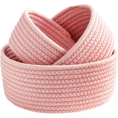 Lot de 3 petits paniers de rangement en corde de coton tissés roses pour bureau, panier décoratif rond en corde de coton pour entrée, bijoux, jouets, clés, S, M, L