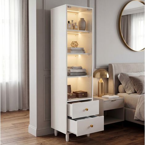 MEUBLIV Vitrine blanche 40x35x165 cm avec LED, porte en verre et 2 tiroirs (1/5)