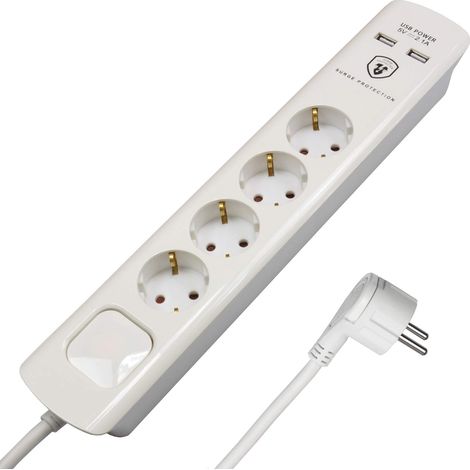 FeinTech MD000432 Ciabatta elettrica a 4 prese con caricatore USB, cavo da 1,5 m con spina piatta, 3680 W