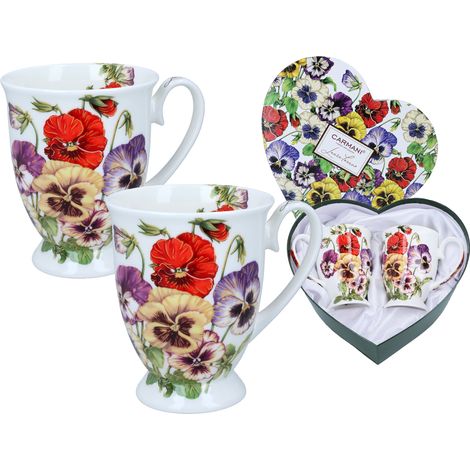 Set di 2 tazze a forma di cuore con viola del pensiero L. Lozano, set regalo in ceramica Carmani (1/5)