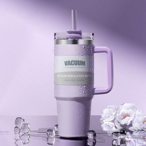 Bouteille d'eau isotherme violet clair avec couvercle et paille, pratique pour les voyages, capacité extra-large de 1200 ml. (1/5)