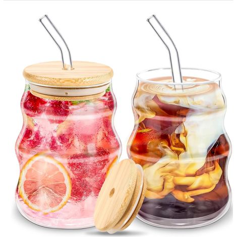 Lot de 2 tasses en verre en forme de nuage avec couvercle en bambou et paille, 500 ml – Double paroi, anti-fuite, convient pour le café glacé, les smoothies et le thé (1/5)